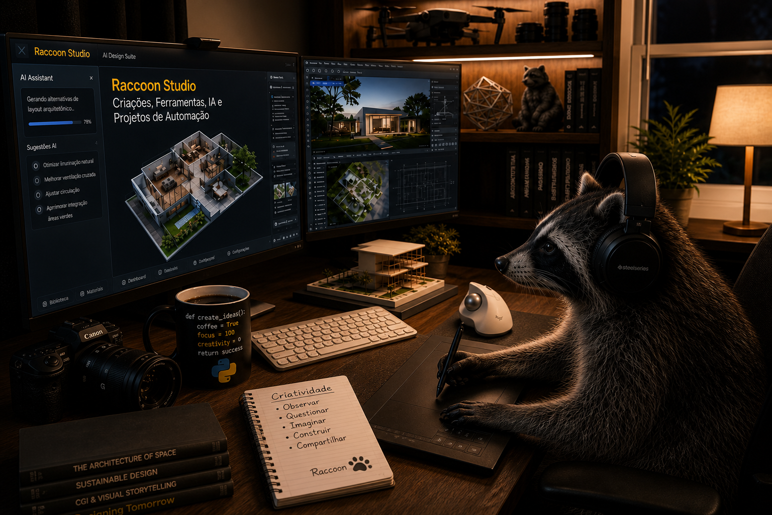 Identidade visual Raccoon Studio — guaxinim no estúdio de criação com ferramentas de design e IA