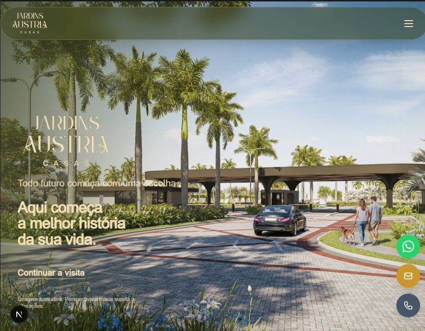 Captura do site Jardins Áustria — hero com portaria e CTA Continuar a visita